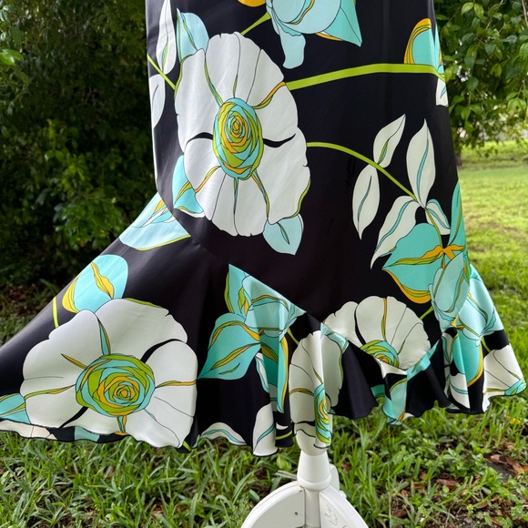 Russell‎ Scott 100% Silk Floral Knee Length Skirt Teal Black Mermaid Size 8 - Picture 4 of 9